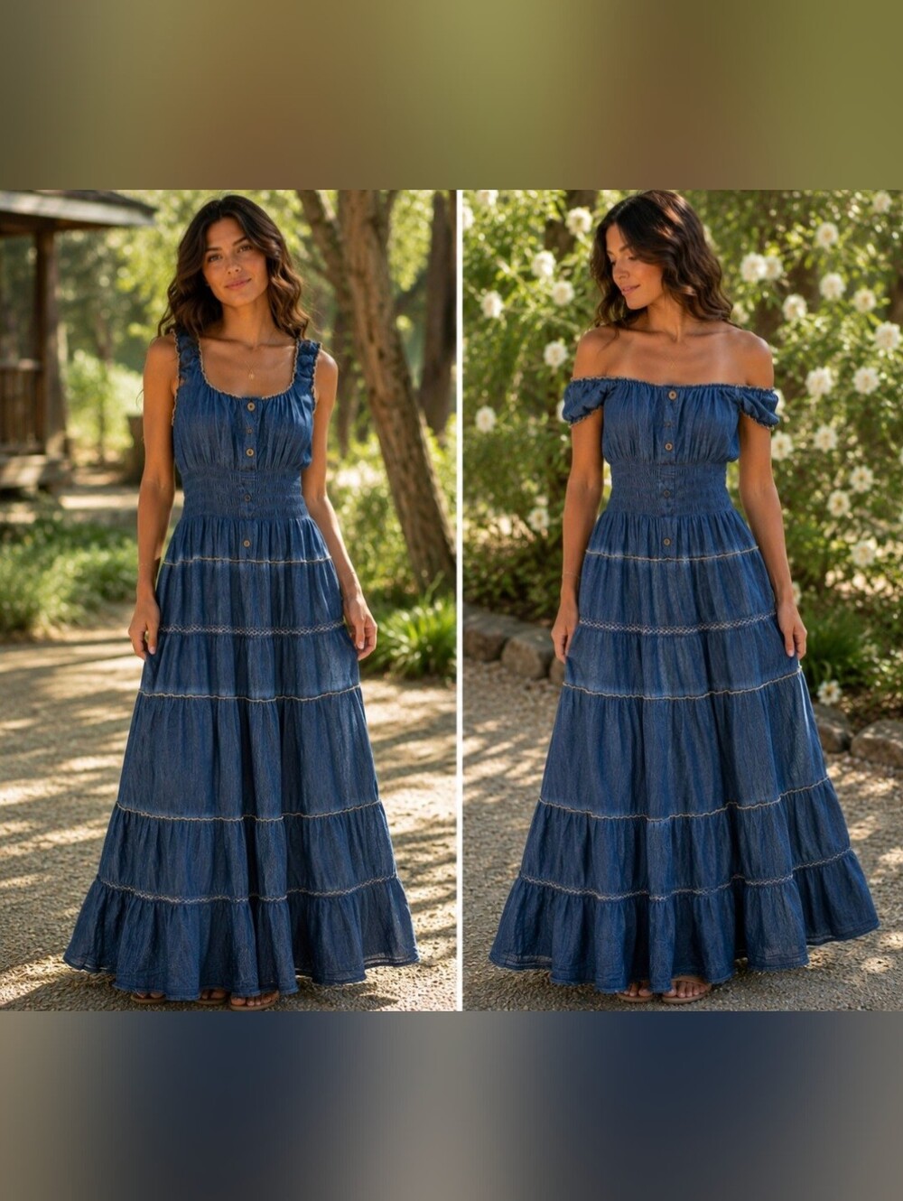 Vintage Chambray Cotton Boho Tiered Maxi Dress 1X